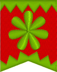 Green embroidered flower on a red and green background