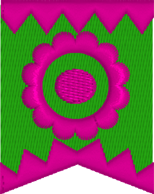Pink and green embroidered design with a floral pattern on a pink background