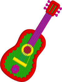 Colorful toy guitar with red border on a white background