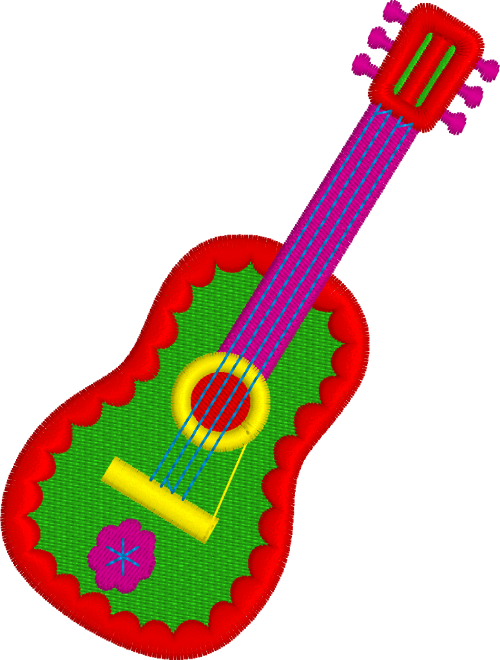Colorful toy guitar with red border on a white background