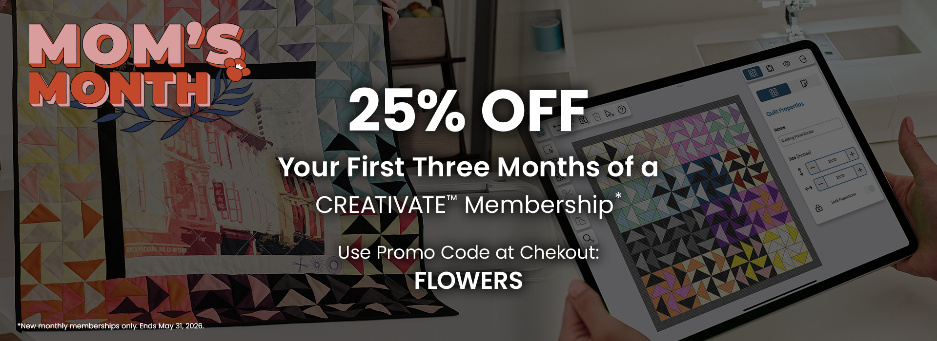 Promotional banner for a 25% off offer on a creative monthly membership with a tablet displaying a design app.